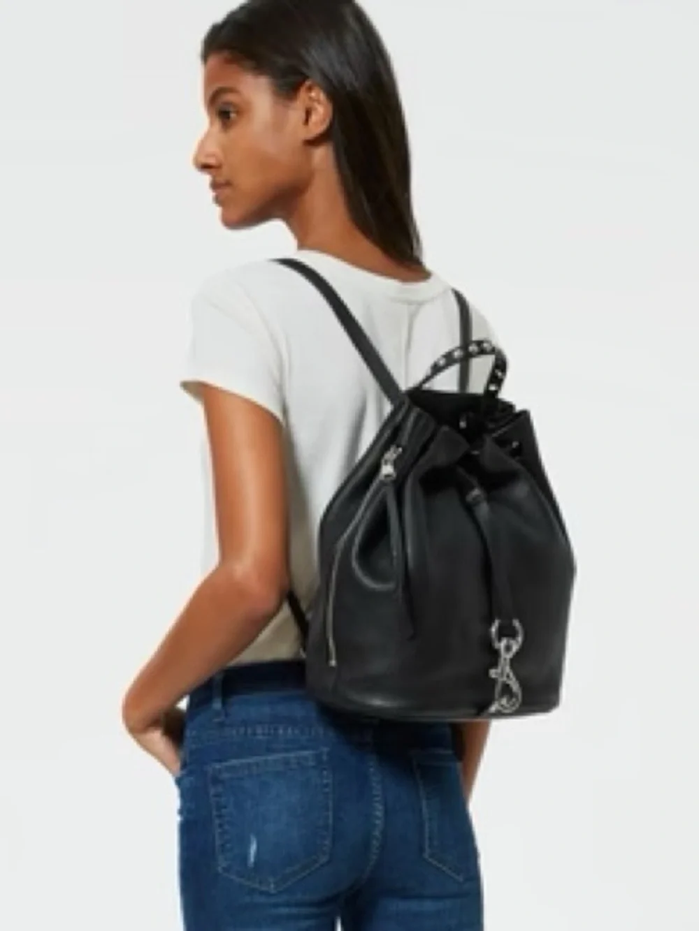 Rebecca Minkoff Blythe Black Leather Drawstring Backpack Silver Hardware $325